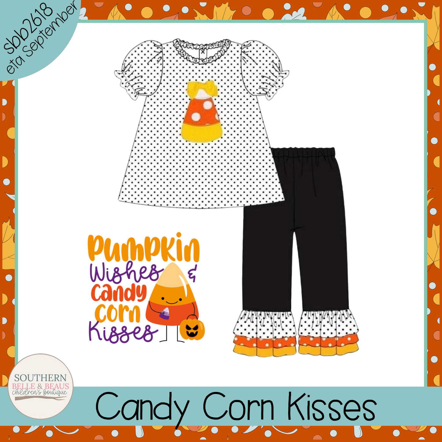 Children's outfit with polka dot top and black pants featuring candy corn design, on a white background.