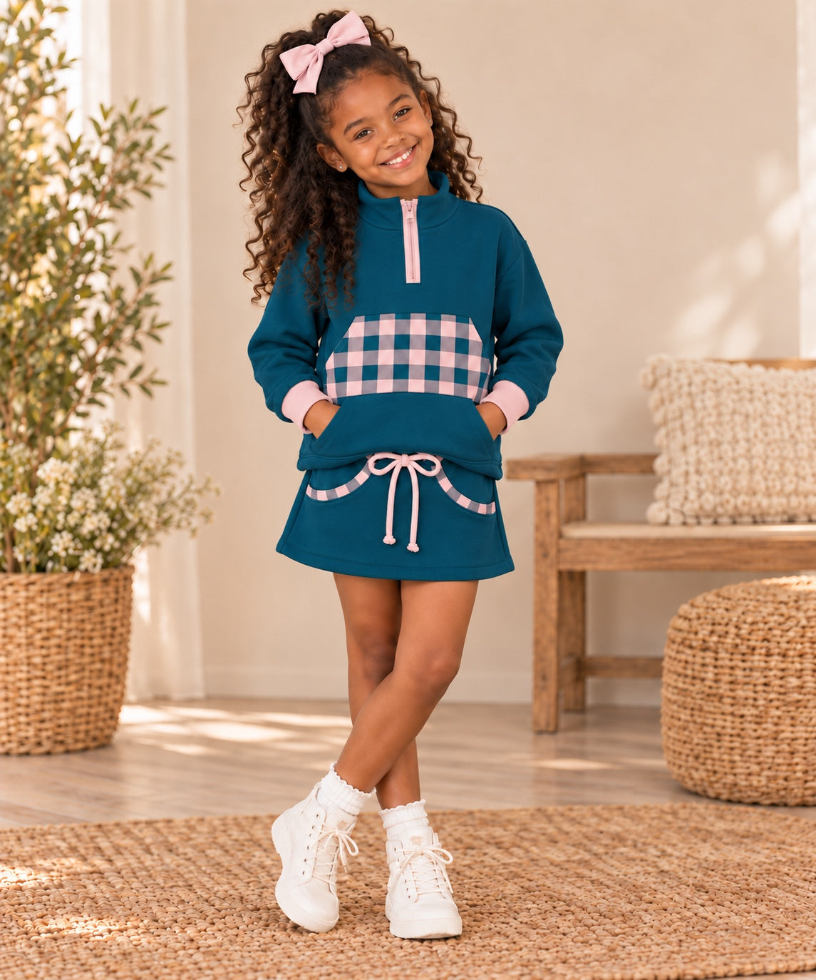 Gingham & Go girls deep teal and blush quarter-zip sweatshirt and gingham-trimmed skort set