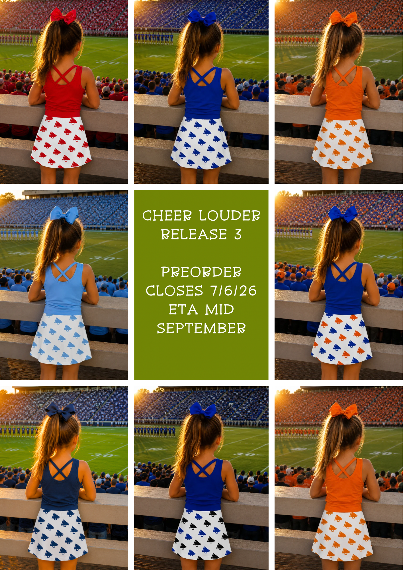 Collage of a girl in different colored dresses with polka dot skirts and bows, standing in front of a stadium.