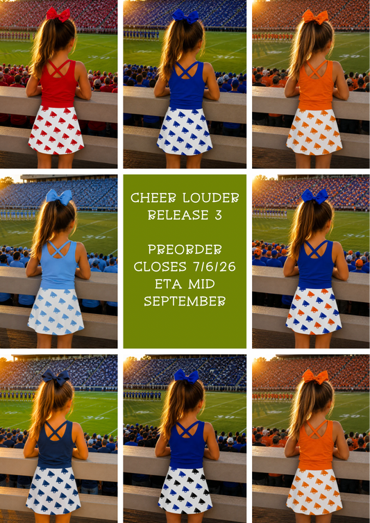 Collage of a girl in different colored dresses with polka dot skirts and bows, standing in front of a stadium.