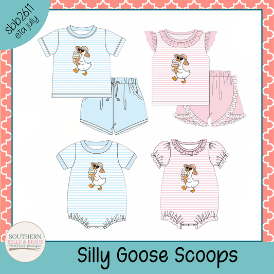 Children's clothing set with 'Silly Goose Scoops' design on a white background.