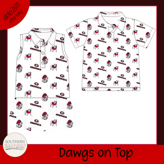 Children's shirts with bulldog and logo pattern on a white background
