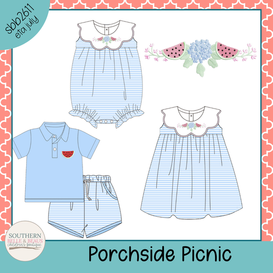 Children's clothing set with a dress, shirt, and shorts labeled 'Porchside Picnic' on a decorative background.