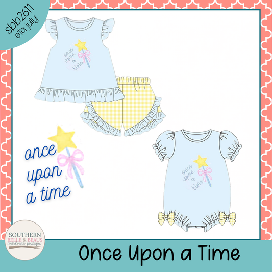 Children's clothing set with 'Once Upon a Time' theme on a colorful background