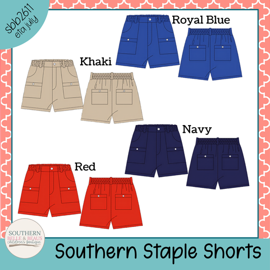 Illustrations of shorts in various colors with labels on a decorative background.