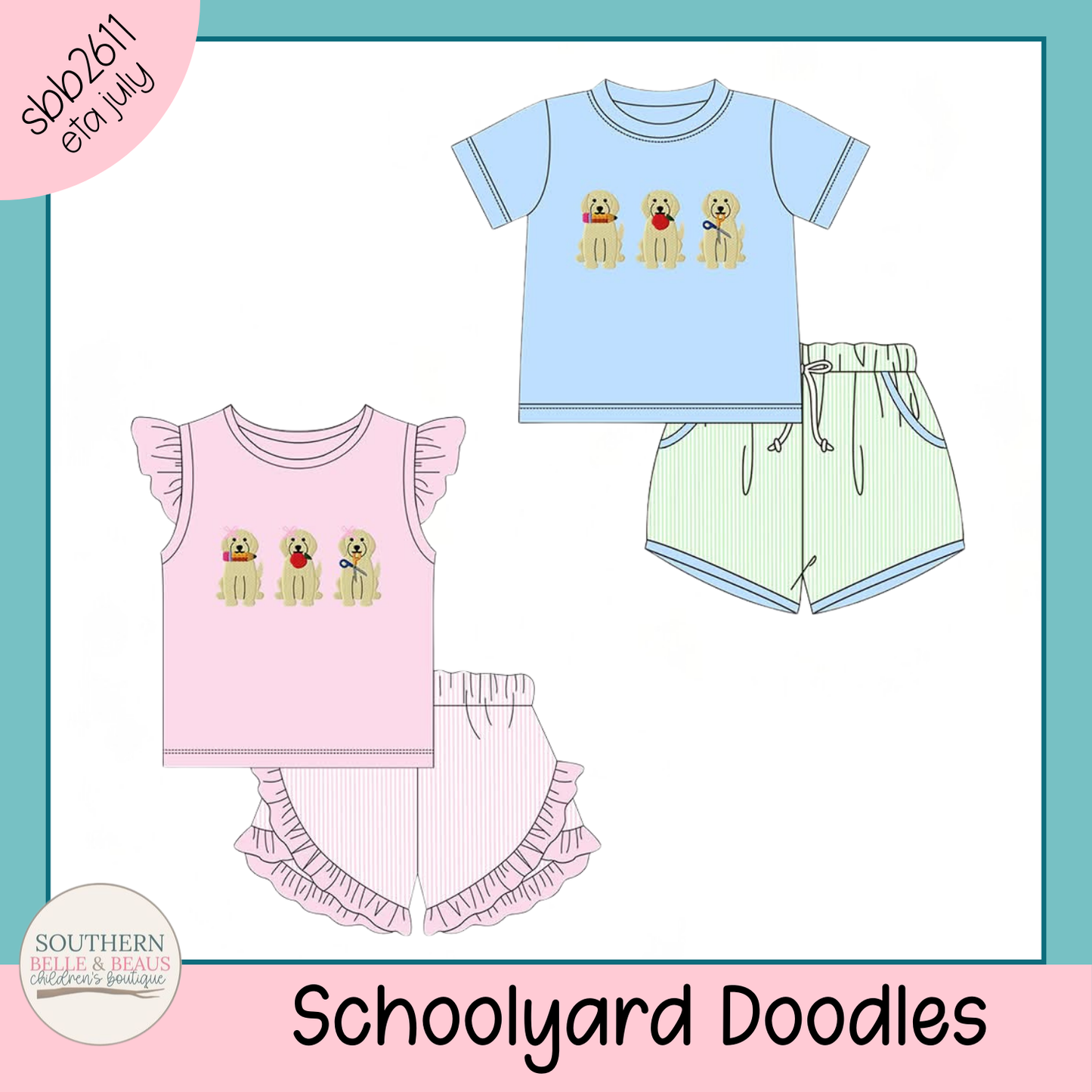 Children's clothing set with ruffled top and shorts, and t-shirt with dog illustrations on a white background.