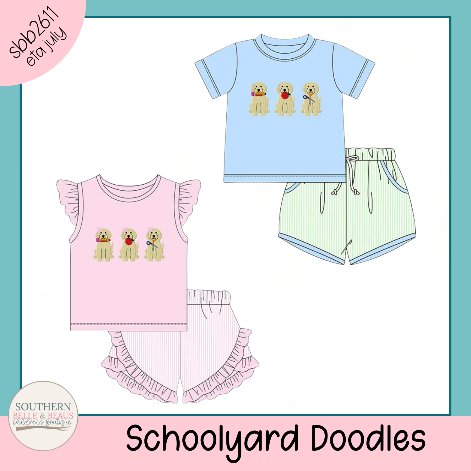 Children's clothing set with ruffled top and shorts, and t-shirt with dog illustrations on a white background.