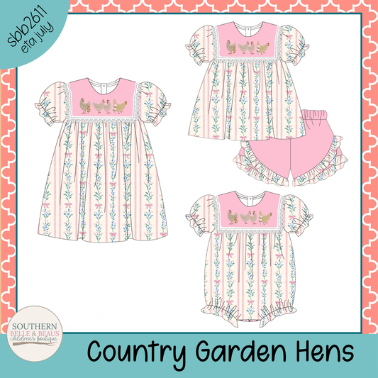 Children's outfit set with 'Country Garden Hens' design on a white background.
