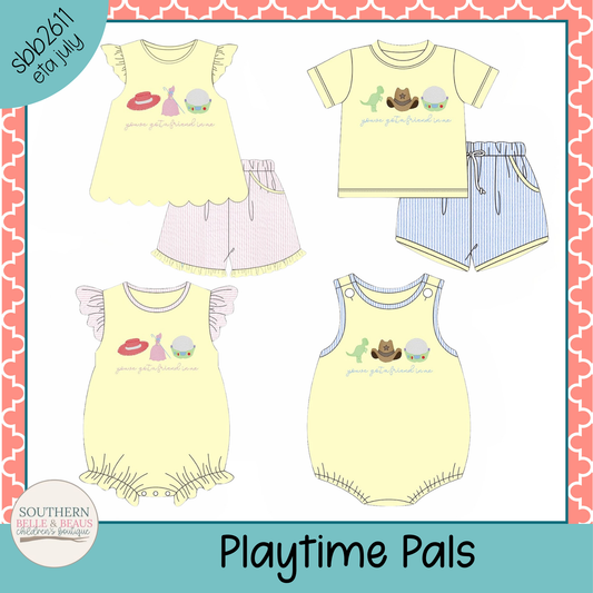 Collection of children's clothing items with graphics on a colorful border, featuring 'Playtime Pals' text.