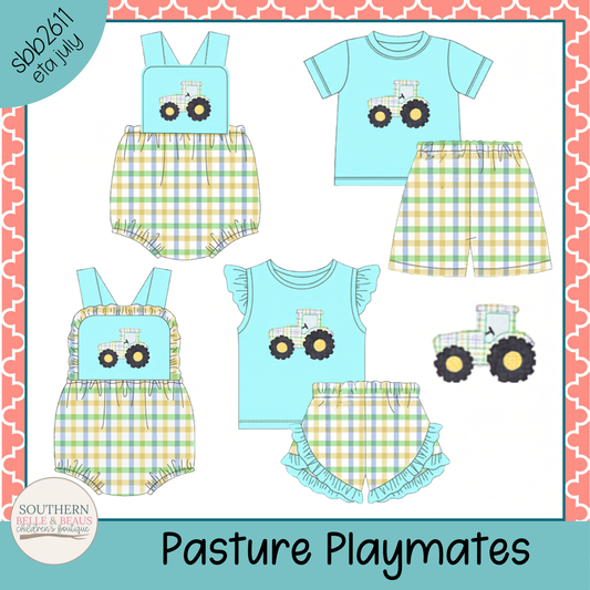 Children's clothing set with blue tops and plaid shorts/overalls, featuring tractors, on a white background with 'Southern Belle & Co.' branding.