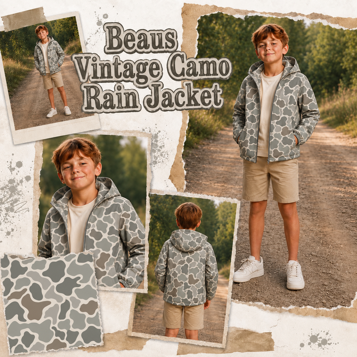 Beaus Vintage Camo Rain Jacket front, back, detail and fabric print collage