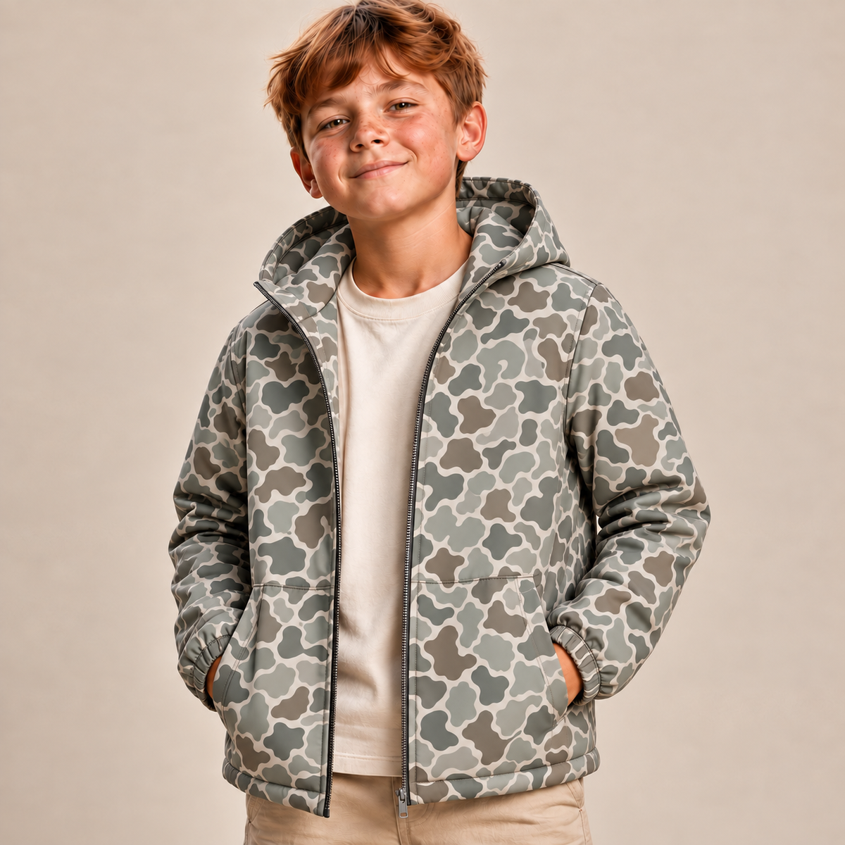 Detail of boys vintage camo rain jacket with front zipper, pockets and matching camo hood lining