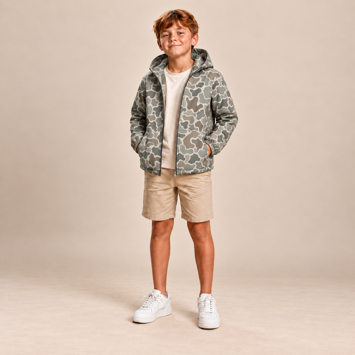Front view of boys vintage camo rain jacket with matching printed hood lining