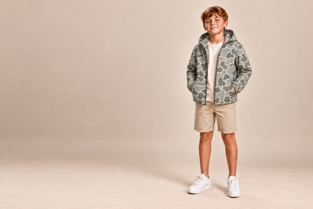 Beaus Vintage Camo Rain Jacket modeled on a clean beige background