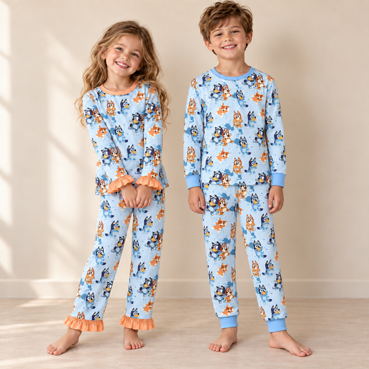 Best Buddies Lounge kids dog-print lounge sets, both coordinating styles shown