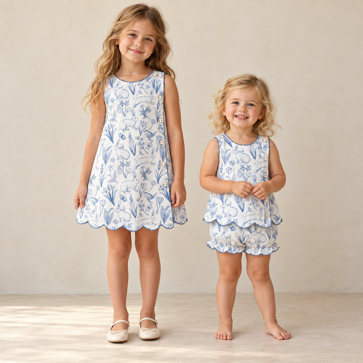 Bunny Blue Heirloom blue bunny toile dress & bloomer set, both coordinating styles shown