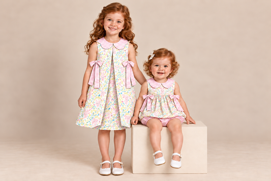 Cotton-Tail Cottage folded-front dress and skirted bubble matching collection – model design preview