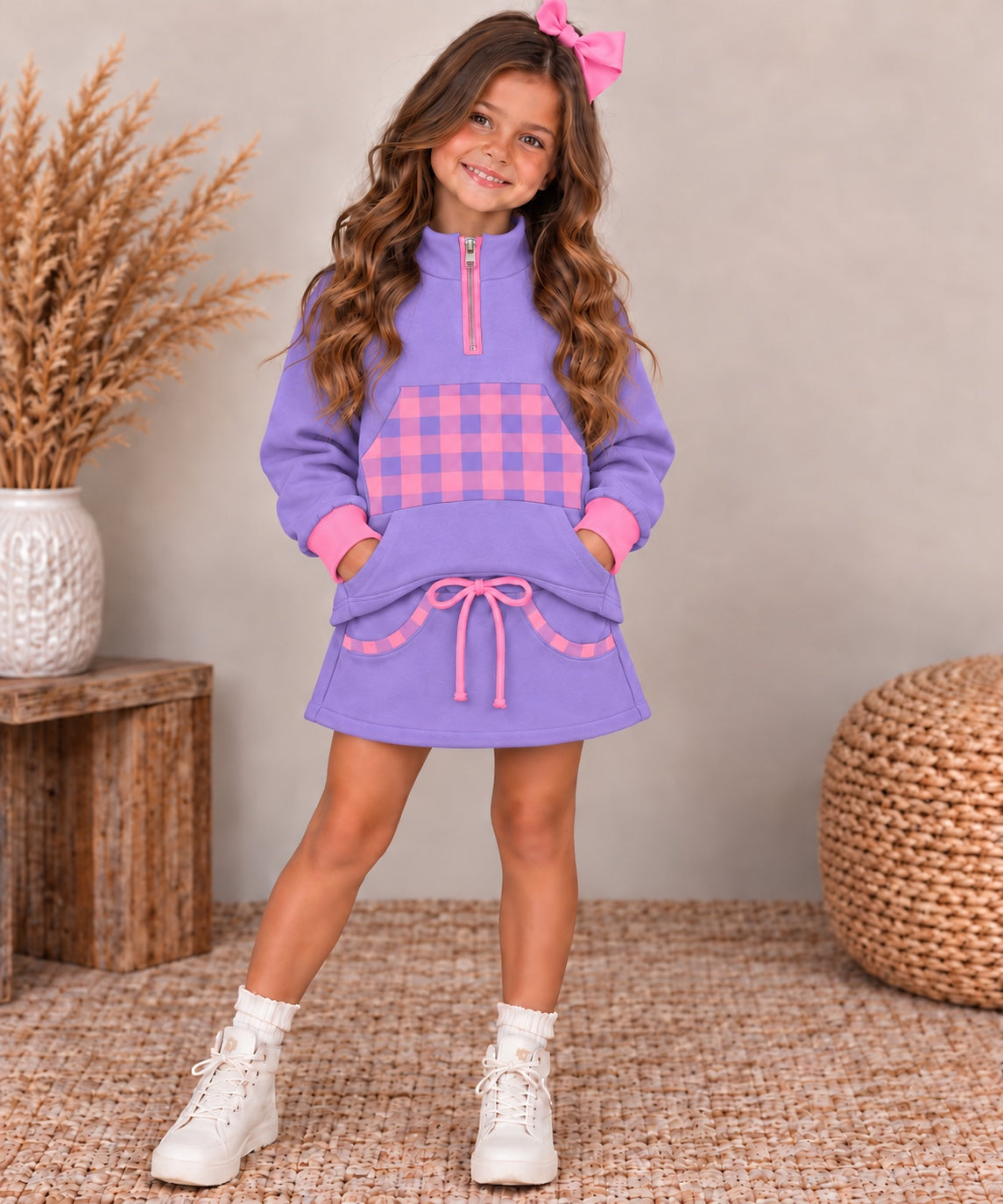 Gingham & Go girls lavender and bright pink quarter-zip sweatshirt and gingham-trimmed skort set