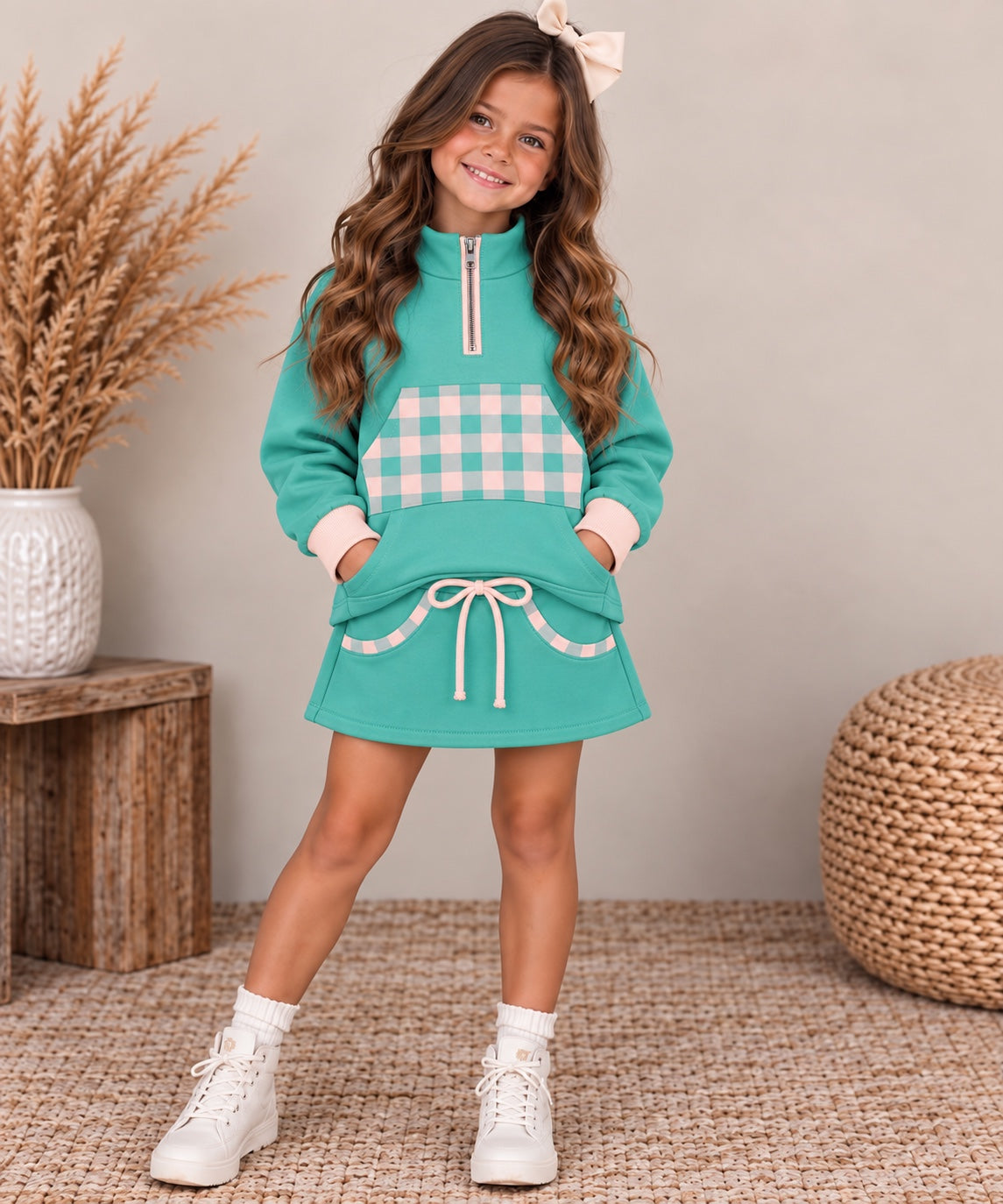 Gingham & Go girls light teal and blush quarter-zip sweatshirt and gingham-trimmed skort set