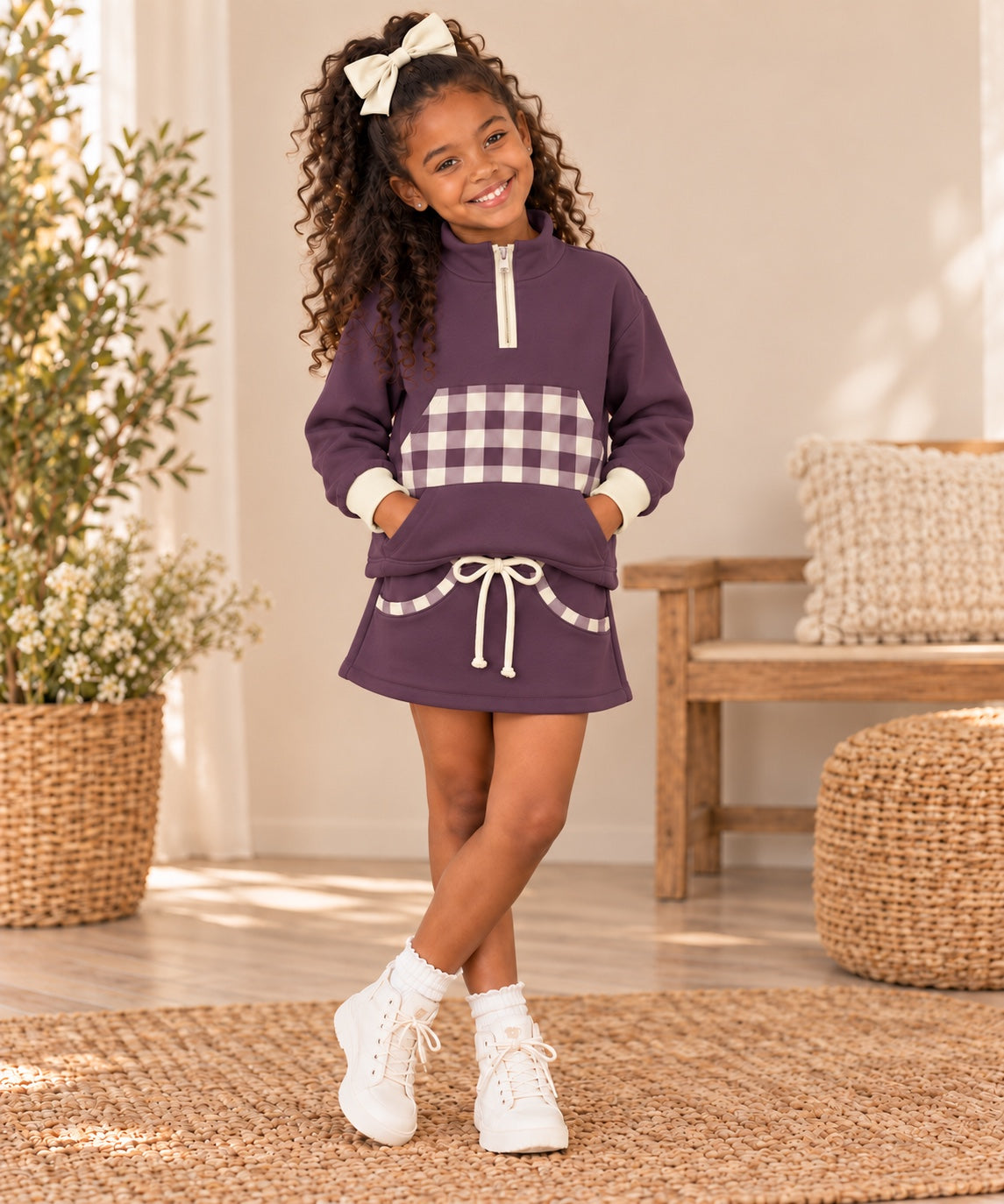 Gingham & Go girls mulberry and ivory quarter-zip sweatshirt and gingham-trimmed skort set