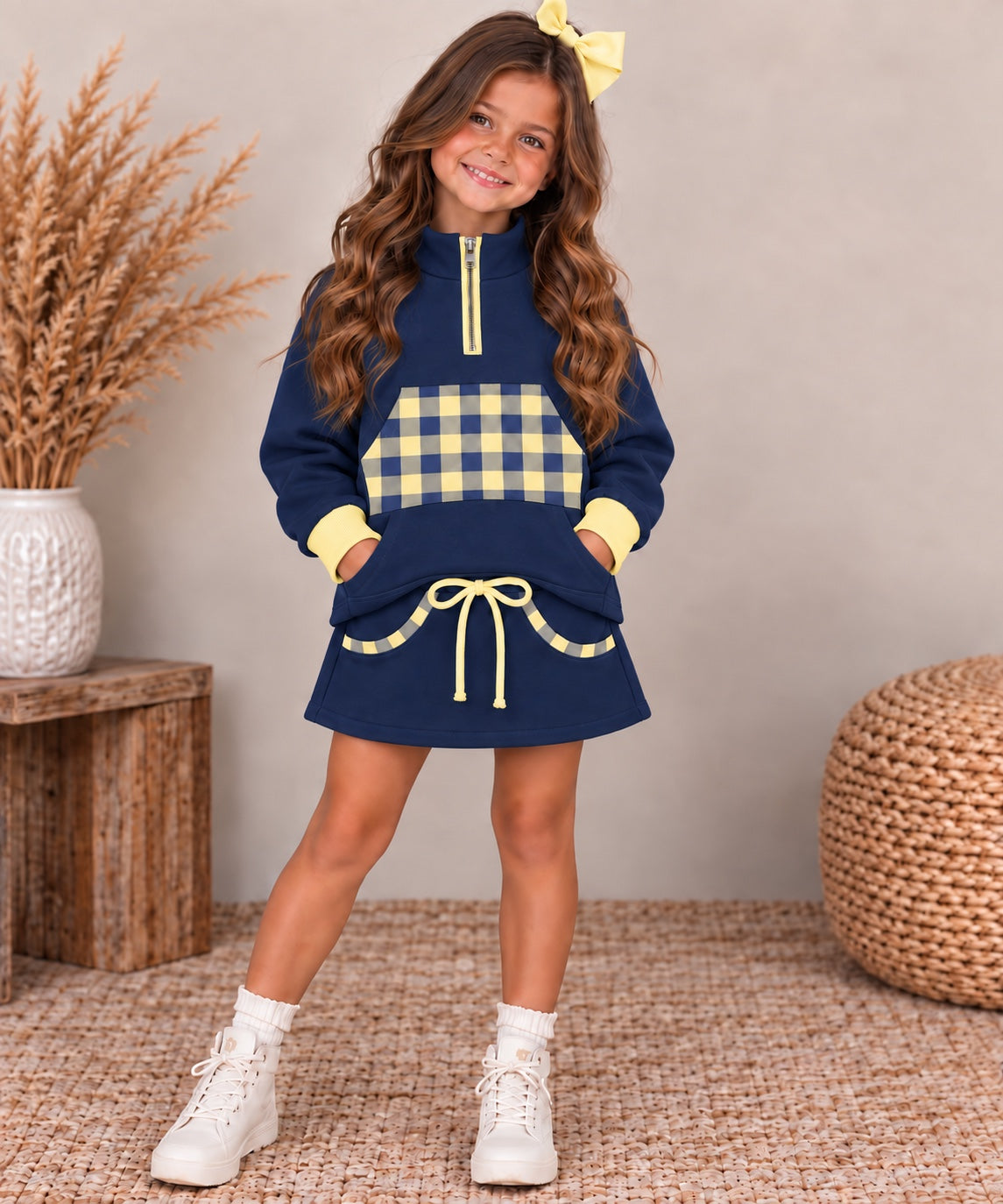 Gingham & Go girls navy and butter yellow quarter-zip sweatshirt and gingham-trimmed skort set