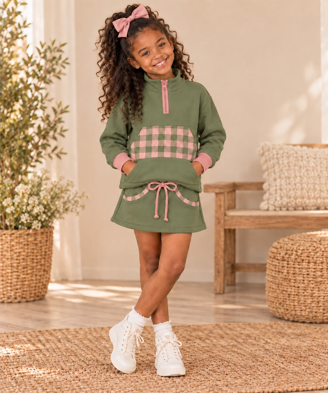 Gingham & Go girls olive and dusty rose quarter-zip sweatshirt and gingham-trimmed skort set