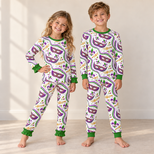Parade Day Play mardi gras kids lounge sets, both coordinating styles shown