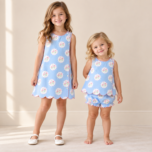 Porch Swing Posies blue floral dress & bloomer set, both coordinating styles shown