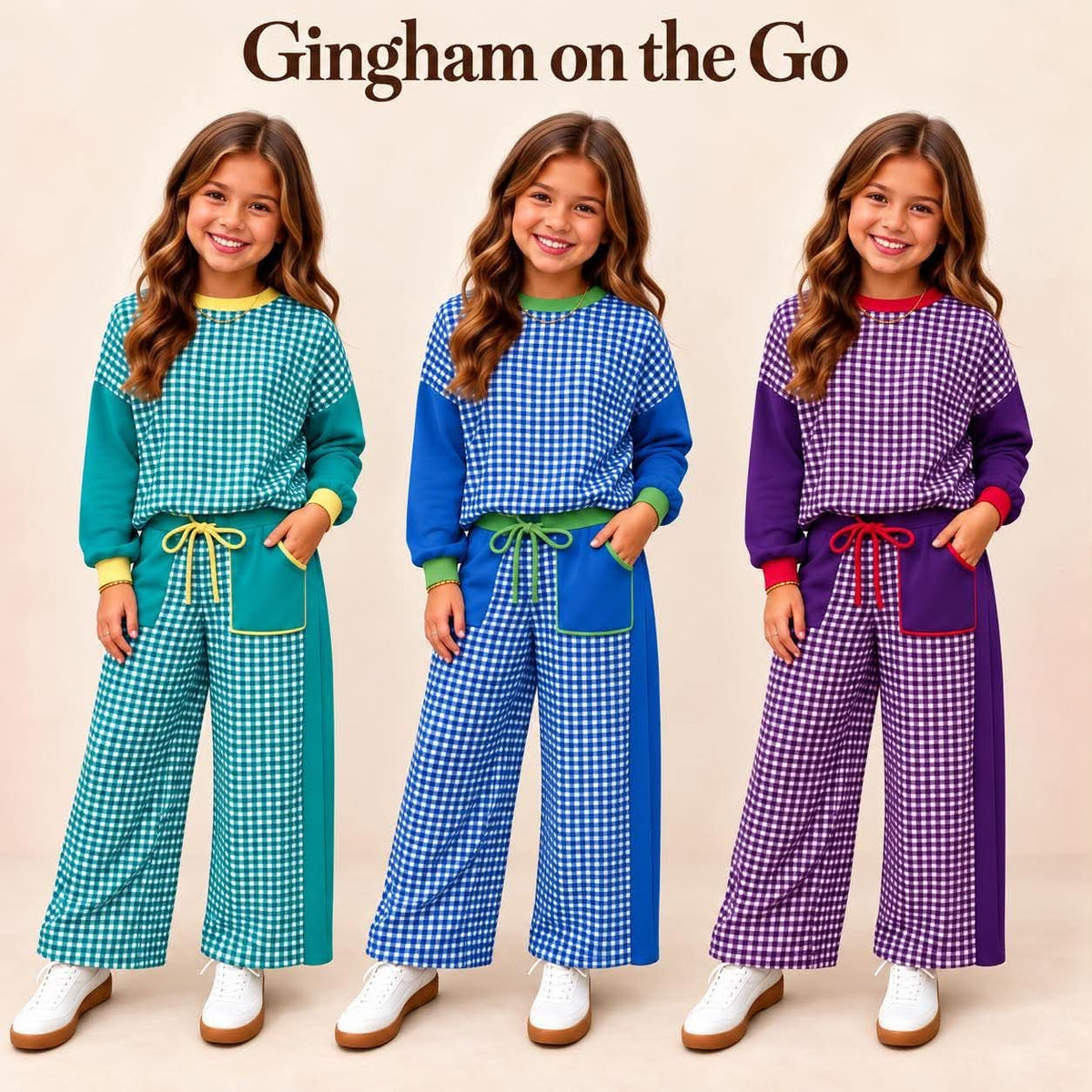 Three young girls modeling matching gingham two-piece outfits against a plain beige background, with the text 'Gingham on the Go' at the top. Each girl wears a long-sleeve top and wide-leg pants in a different colorway: teal and green, blue and green, and purple and red.