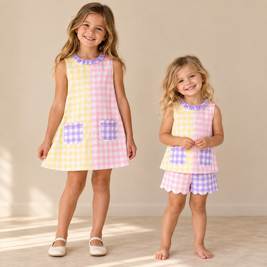 Sweet Tea & Gingham pastel dress & shorts set, both coordinating styles shown